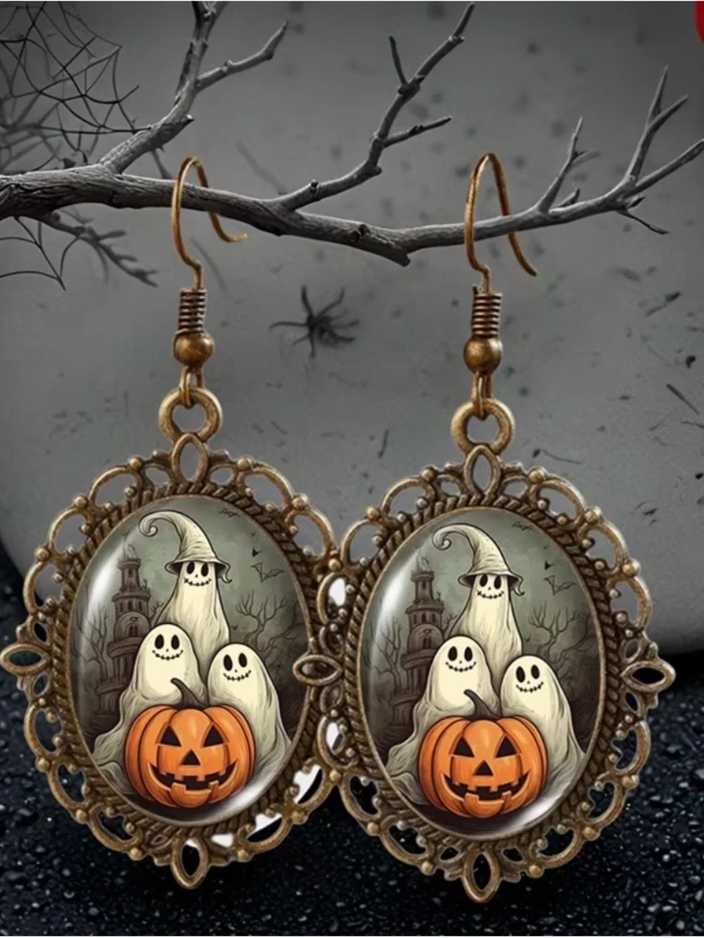 Halloween Ghost Pumpkin Earrings Antique Bronze Filigree Spooky Witch Costume